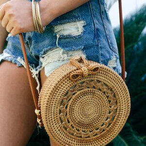 Lulus Port Costa Tan Round Woven Purse Beige